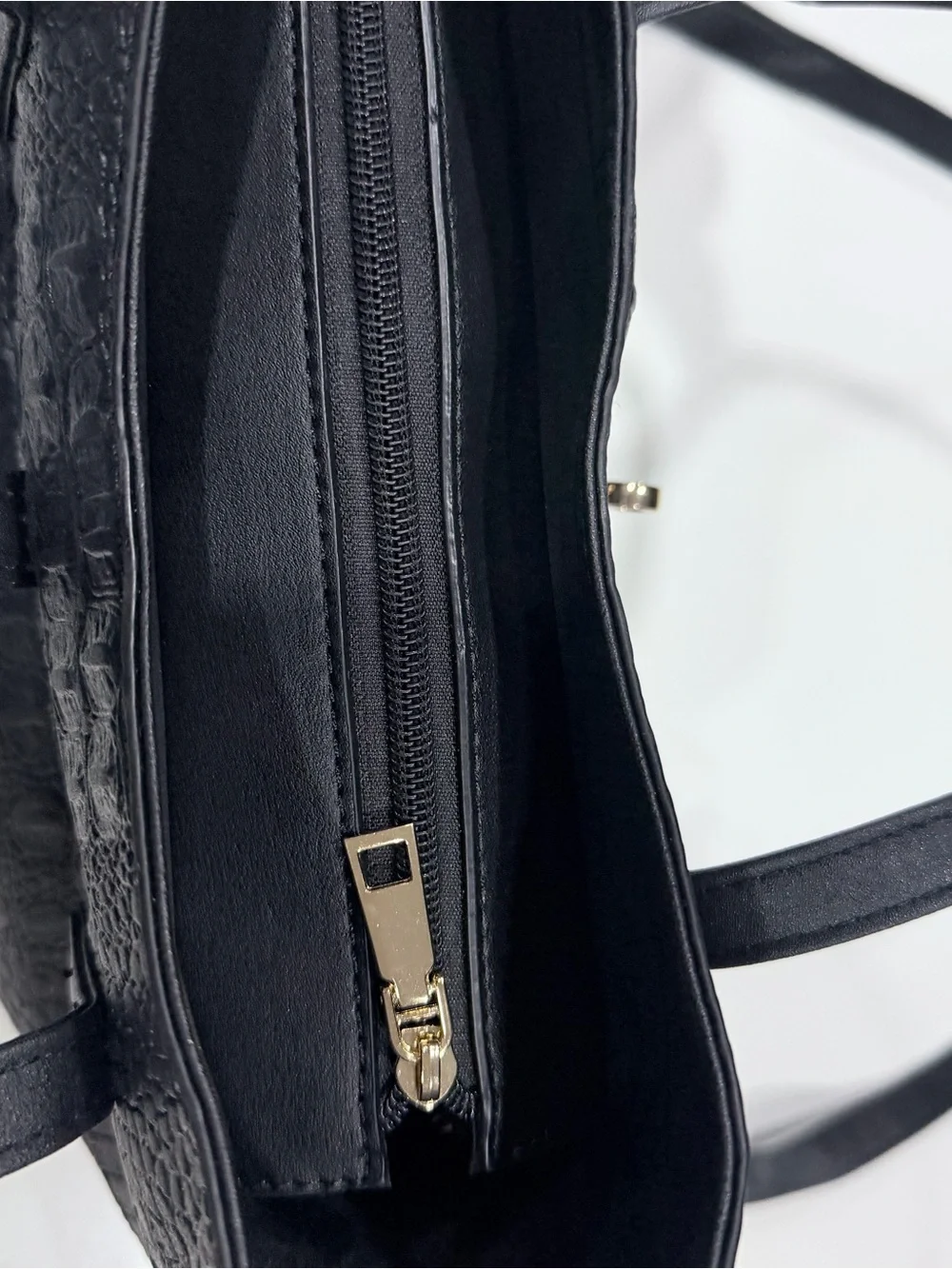 Structured Croc-Embossed Faux Leather Black Tote Bag with Gold Hardware - Picture 4 of 13